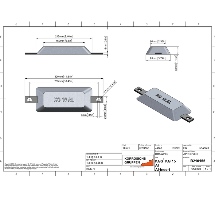 Aluminiumanod KGS© 15 (AL-arm) - 215*95*30/8.46*3.74*1.18in, B210155