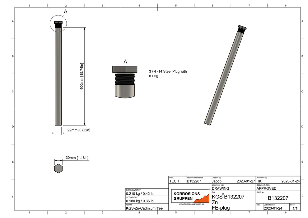 Zinc Rod anode for Water Heater Ø0.86x15.75in, 3/4" NPT / R20, Cadmium free