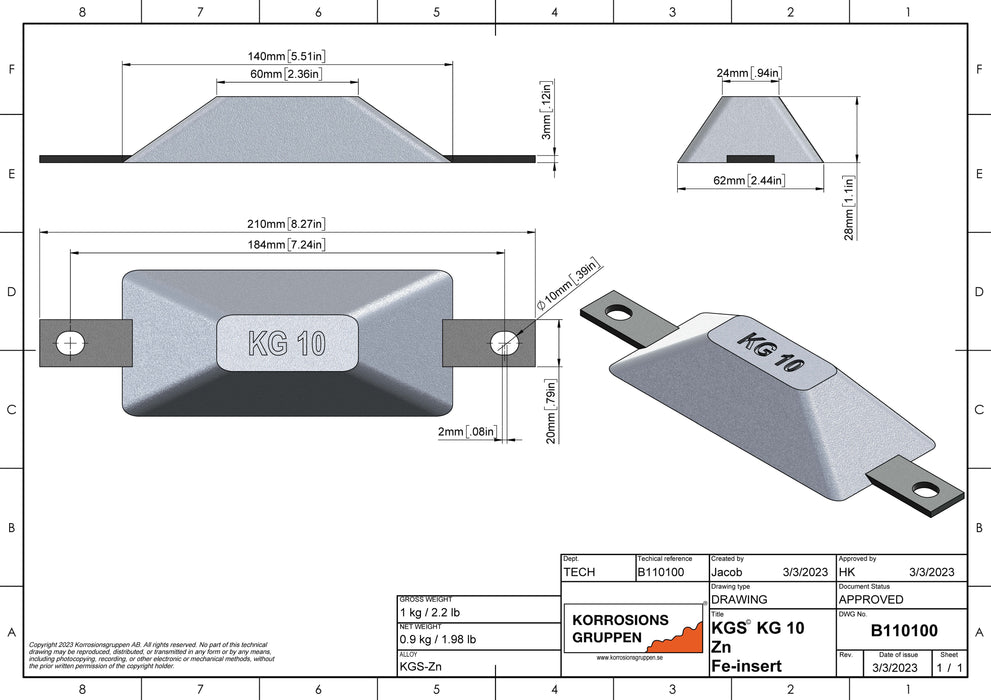 Zinkanod TYP 10 - 140*62*28mm/5,51*2,44*1,10in, B110100