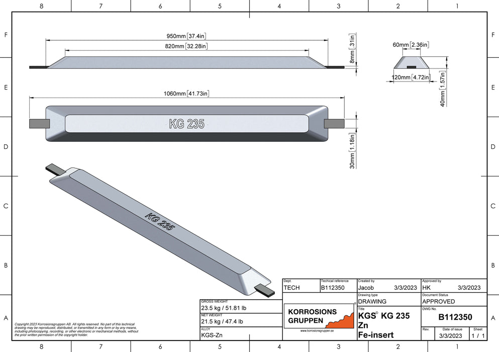 Zinkanod TYP 235 - 950*120*40, B112350