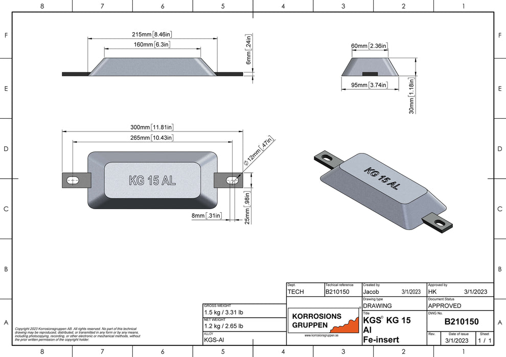 Aluminiumanod TYP 15 - 215*95*30mm/8,46x3,74x1,18in, B210150