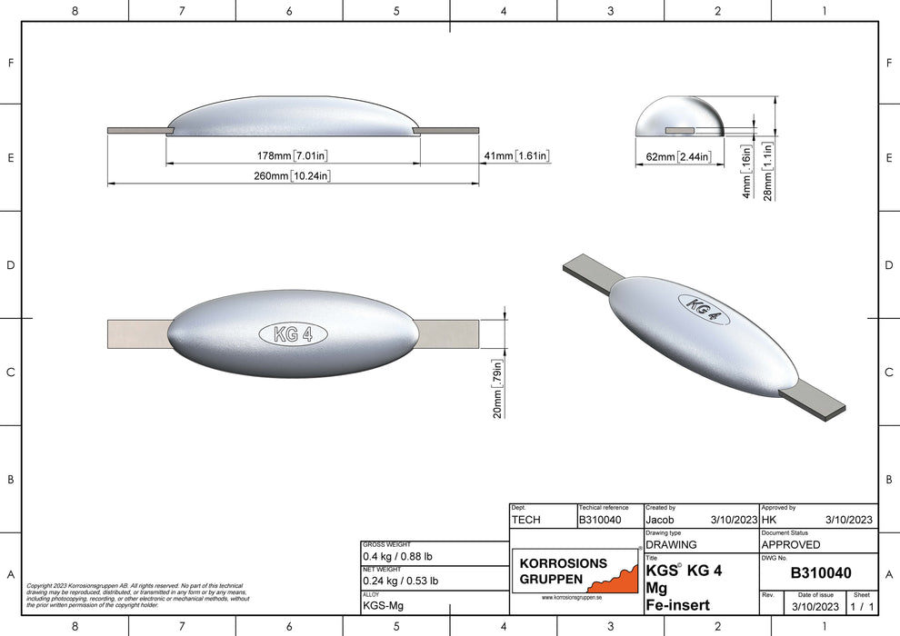 Magnesiumanod TYP 4 - 178*62*28, (260mm), ca 0.4kg/0,88lb. AZ63-1,5VDc