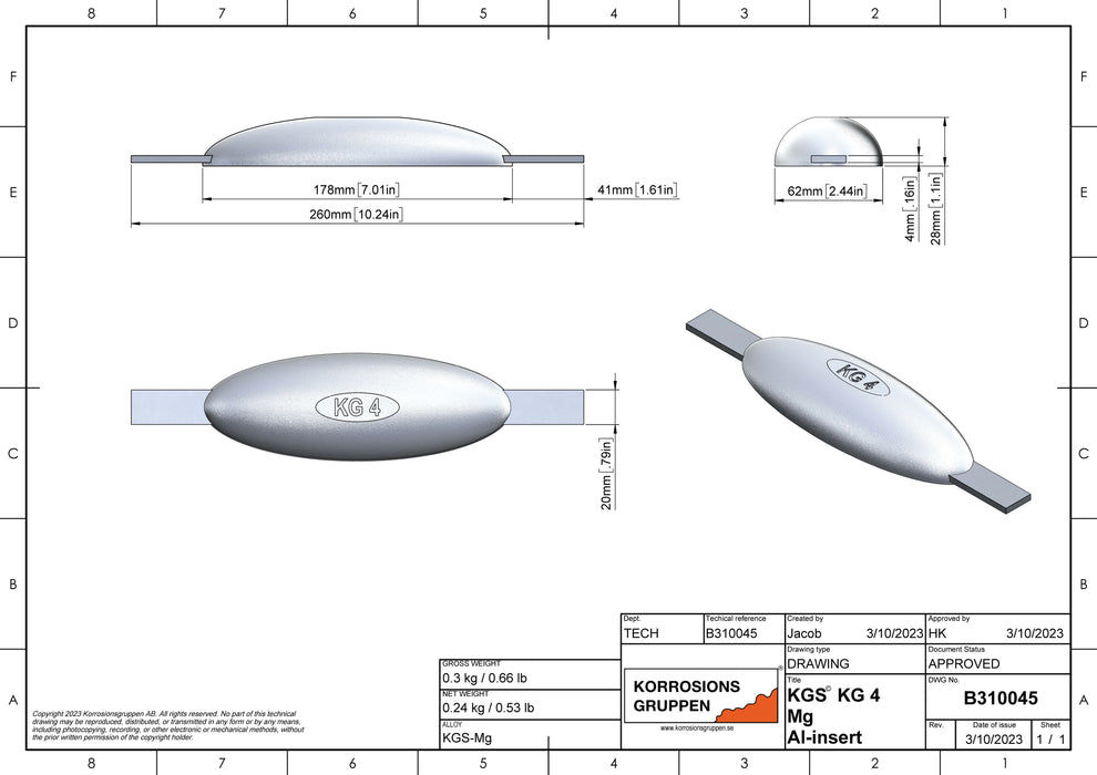 Magnesiumanod TYP 4 AL - 178*62*28, (260mm), ca 0.3kg/0,66lb, AZ63-1,5VDc