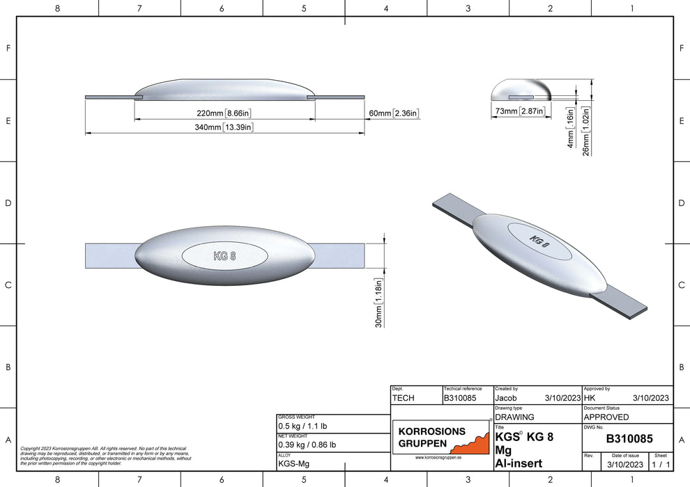 Magnesiumanod TYP 8 AL - 220*73*26, (340mm), ca 0.5kg. AZ63-1,5VDc