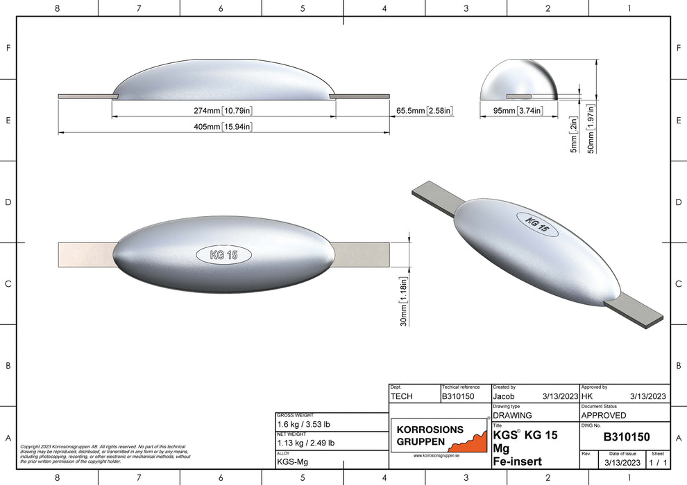 Magnesiumanod TYP 15 - 274*95*50, (405mm), ca1.5kg/3,31lb. AZ63-1,5VDc