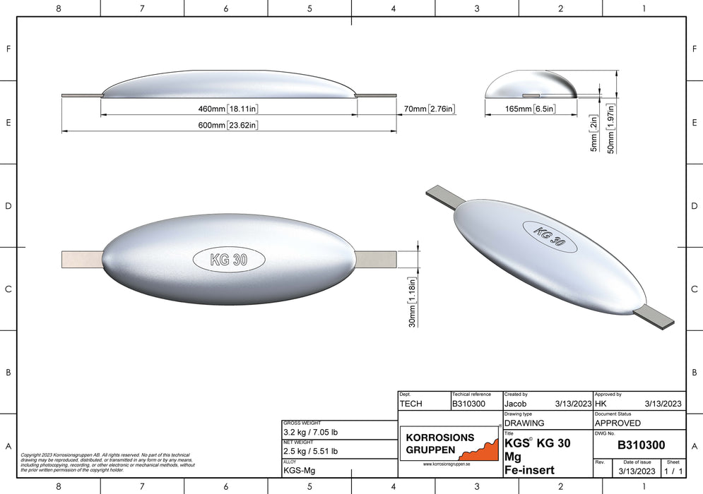 Magnesiumanod TYP 30 - 460*165*50, (600mm), ca 3.7kg/8,16lb. AZ63-1,5VDc