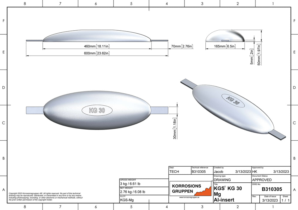 Magnesiumanod TYP 30 AL- 460*165*50, (600mm), ca 3.24kg/7,14lb. AZ63-1,5VDc