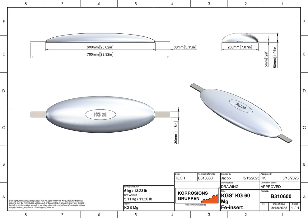 Magnesiumanod TYP 60 - 600*195*50, (760mm), ca 6kg/13,23lb. AZ63-1,5VDc