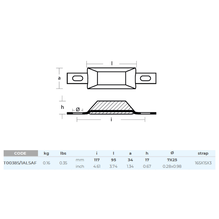 Aluminiumanod 180g, 75*34*16mm (135mm), hål 7*23mm, T00385/1ALSAF