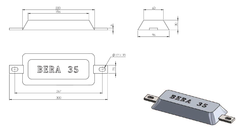 Ritning på Zinkanod TYP 35 AL - 220*96*30, B110355 - AnodeFactory